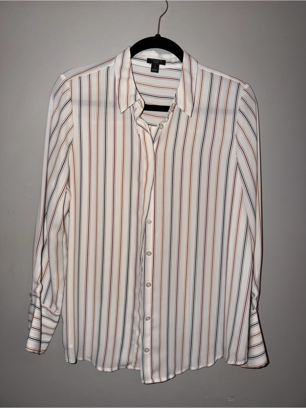 Ann Taylor Striped Petite Blouse in White with Black, Rust, and Tan Stripes